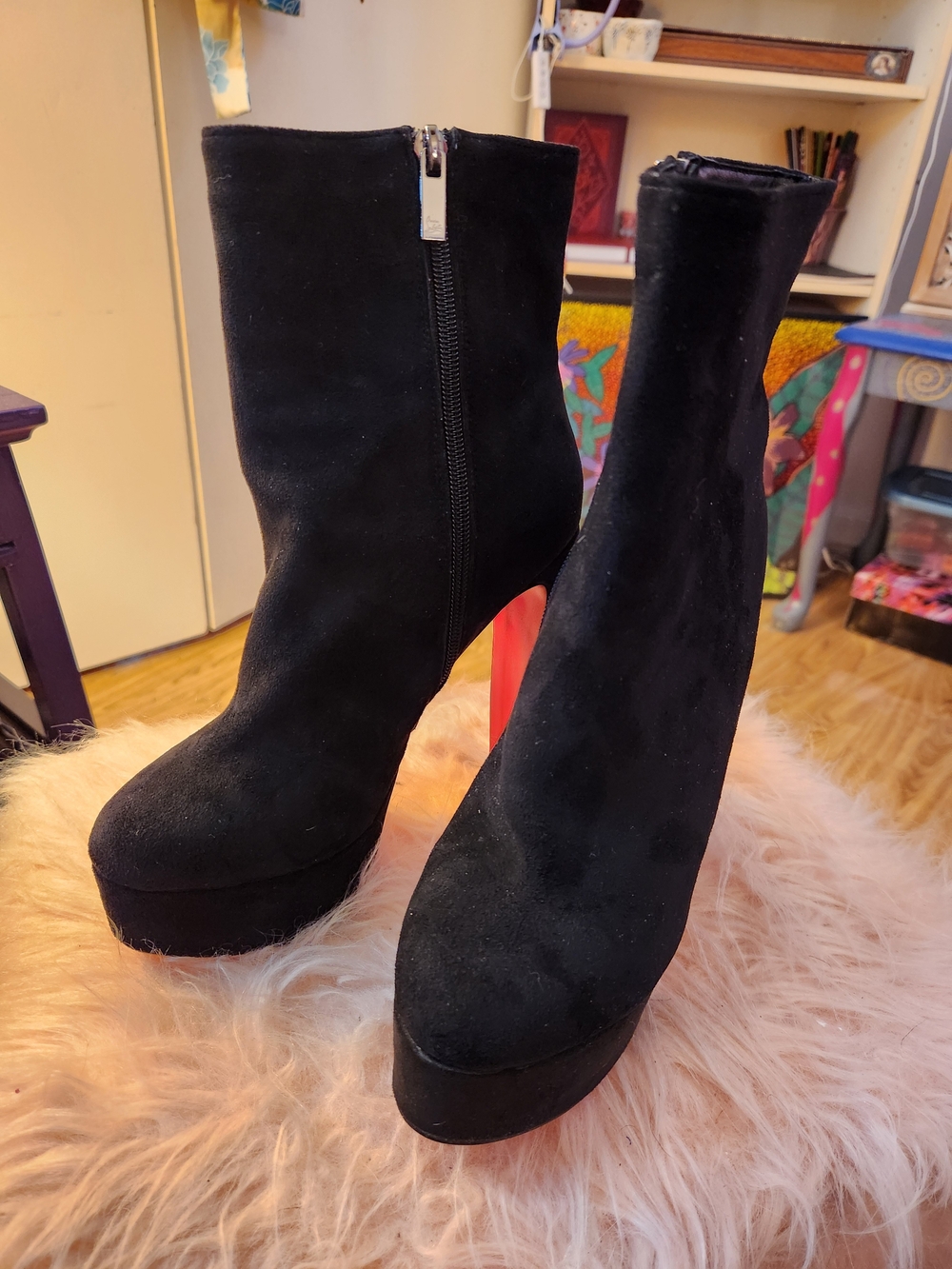 Christian Louboutin Black Suede Platform Boots Red Sole Size 8/8.5 GORGEOUS!